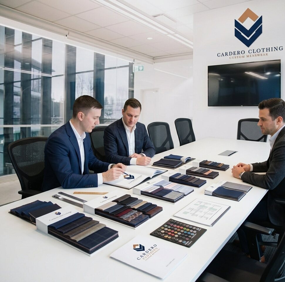 A Cardero appointment, fabric swatches and sample books laid across the table while a client and his consultants talk through the build